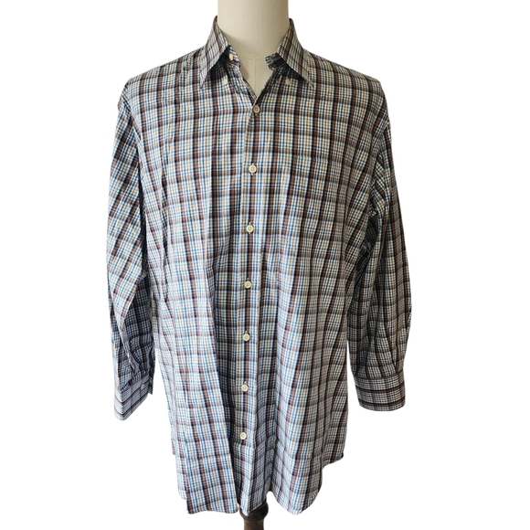 Peter Millar Men’s Button Down Shirt Tan & Blue Plaid - Large - Picture 2 of 9